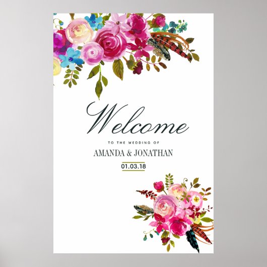 Poster Aquarelle Boho Chic Floral Mariage Bienvenue (Devant)