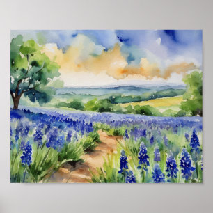 Poster Aquarelle Bonnet Bleu de Texas Hill