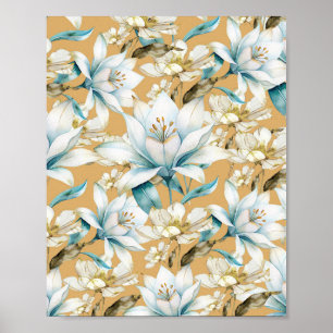 Poster Aquarelle botanique bleu blanc lily floral