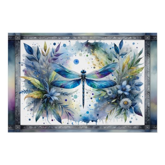Poster Aquarelle botanique de libellule bleue (Devant)