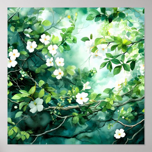Poster Aquarelle botanique fleurs blanches feuilles verte (Devant)