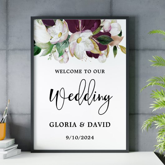 Poster Aquarelle Bourgogne Floral Mariage d'accueil