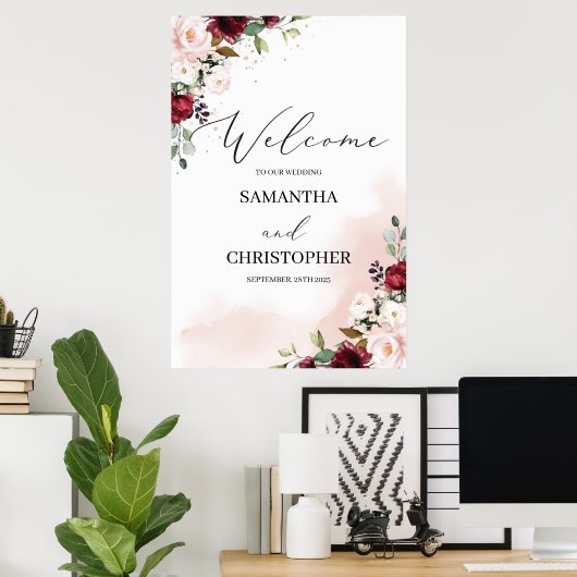 Poster Aquarelle bourgogne merlot mariage or fleuri (Bureau à domicile)