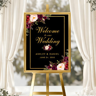 Poster Aquarelle Bourgogne Noir Mariage d'or Bienvenue