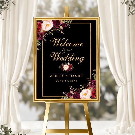 Poster Aquarelle Bourgogne Noir Mariage d'or Bienvenue