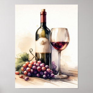 Poster Aquarelle Bouteille de vin et raisins
