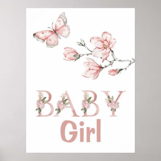 Poster Aquarelle Brousse rose papillon Floral Nursery (Devant)