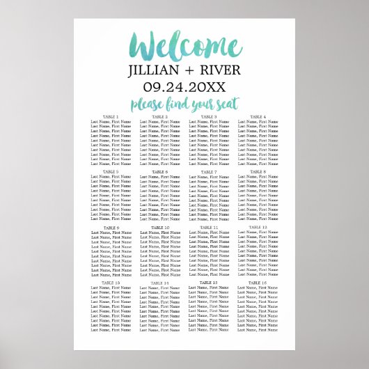 Poster Aquarelle Calligraphie Plage Mariage Carte de sièg (Devant)