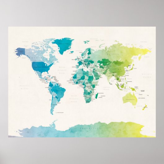 Poster Aquarelle Carte politique du monde (Devant)