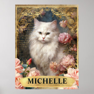 Poster Aquarelle Chat Blanc Vintage et Roses Roses