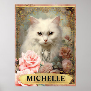 Poster Aquarelle Chat Blanc Vintage et Roses Roses