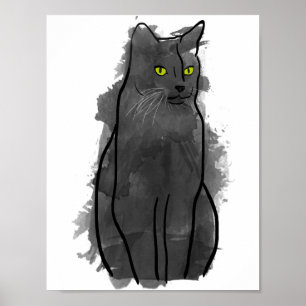 Poster Aquarelle Chat Noir Art, Aquarelle Décor Chat