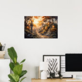 Poster Aquarelle chemin boisé avec lanternes en automne (Bureau à domicile)