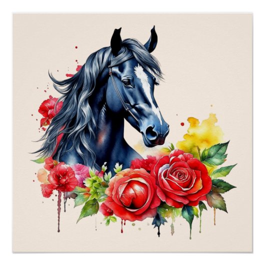 Poster Aquarelle Cheval noir Roses rouges (Devant)