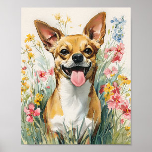 Poster Aquarelle Chihuahua dans la prairie Fleur sauvage 