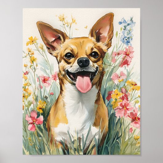 Poster Aquarelle Chihuahua dans la prairie Fleur sauvage  (Devant)