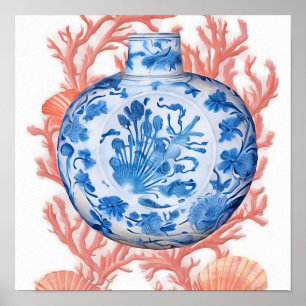 Poster Aquarelle Chinoiserie Ginger Jar et Coral