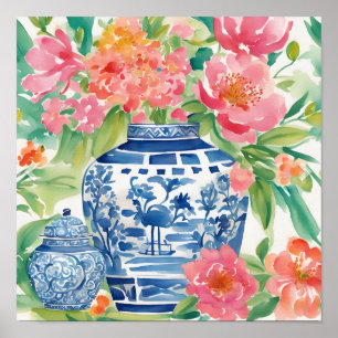 Poster Aquarelle Chinoiserie Ginger Jar of Flowers