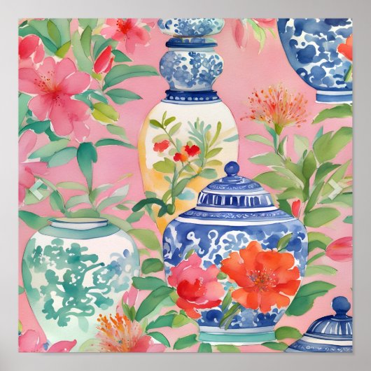 Poster Aquarelle Chinoiserie Ginger Jars & Fleurs (Devant)