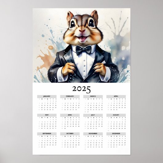 Poster Aquarelle Chipmunk Portant Tux 2025 Calendrier mur (Devant)