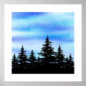 Poster Aquarelle Ciel Bleu Violet et Silhouette d'Arbres (Devant)
