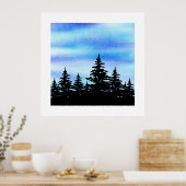 Poster Aquarelle Ciel Bleu Violet et Silhouette d'Arbres (Cuisine)