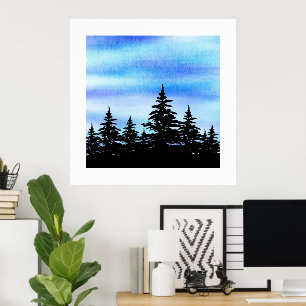 Poster Aquarelle Ciel Bleu Violet et Silhouette d'Arbres