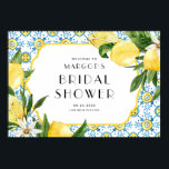 Poster Aquarelle Citron Fête des mariées méditerranéenne<br><div class="desc">Bienvenue invités à votre événement avec ce panneau de bienvenue de douche nuptiale personnalisable. Il présente des illustrations aquarelles de citrons, de fleurs de citrons et de motif de tuiles méditerranéennes. Personnalisez en ajoutant les noms, la date, l'heure et d'autres détails. Cette enseigne de bienvenue citron nuptiale est parfaite pour...</div>
