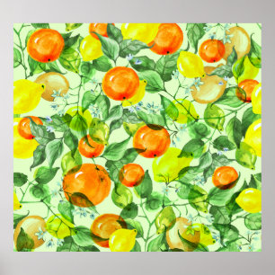Poster Aquarelle citrons, fleurs, agrumes motif.