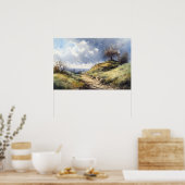 Poster Aquarelle colline chemin sinueux chemin bleu ciel (Cuisine)