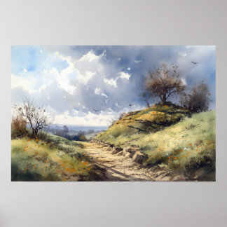 Poster Aquarelle colline chemin sinueux chemin bleu ciel