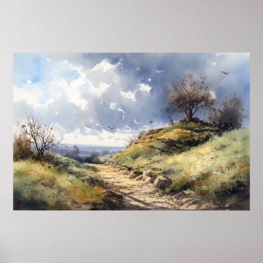 Poster Aquarelle colline chemin sinueux chemin bleu ciel (Devant)