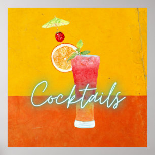 Poster Aquarelle colorée et cocktails tropicaux néon