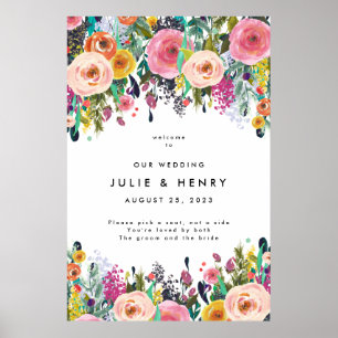 Poster Aquarelle colorée Fleur Jardin Mariage Bienvenue