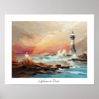 Poster Aquarelle colorée Phare du bord de mer à Dawn