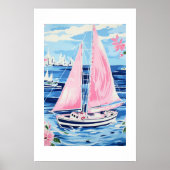 Poster Aquarelle couleur rose voilier Côte Bleu (Devant)