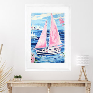 Poster Aquarelle couleur rose voilier Côte Bleu