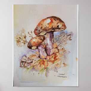 Poster Aquarelle couleurs automne champignons