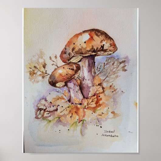 Poster Aquarelle couleurs automne champignons (Devant)