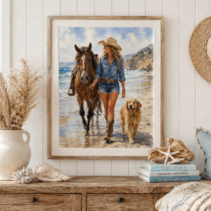 Poster Aquarelle Cowgirl Côtière Promenade de Plage Art M