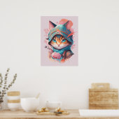 Poster Aquarelle Cute Hoded Ninja Chat (Cuisine)