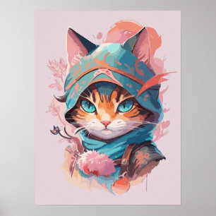 Poster Aquarelle Cute Hoded Ninja Chat