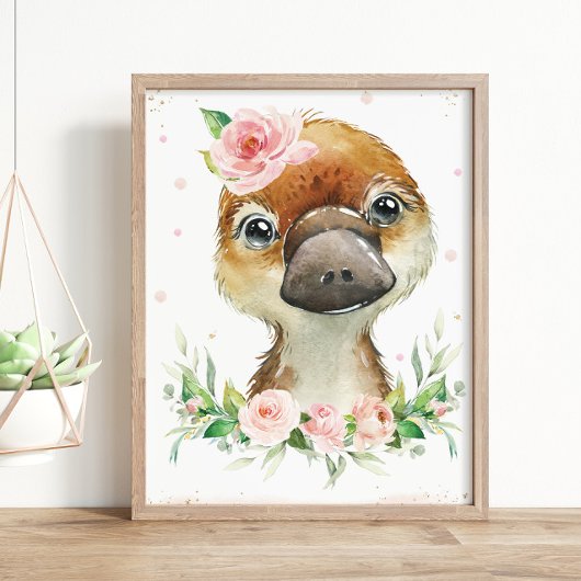Poster Aquarelle Cute Platypus Blush Pink Floral Wall