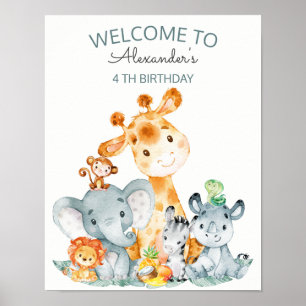 Poster Aquarelle Cute Safari Jungle Animaux Anniversaire