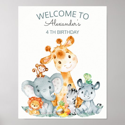 Poster Aquarelle Cute Safari Jungle Animaux Anniversaire (Devant)