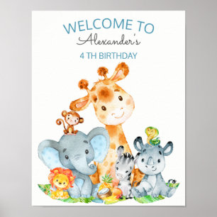 Poster Aquarelle Cute Safari Jungle Animaux Anniversaire