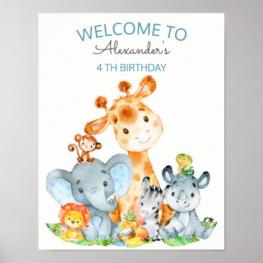 Poster Aquarelle Cute Safari Jungle Animaux Anniversaire (Devant)