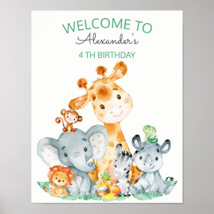 Poster Aquarelle Cute Safari Jungle Animaux Anniversaire