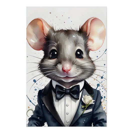 Poster Aquarelle Cute Souris Tuxedo Black Bow Cravate Fle (Devant)