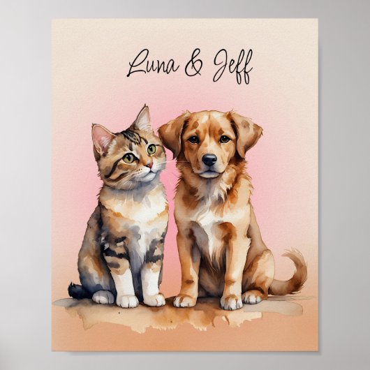 Poster Aquarelle de chat et chien mignonne (Devant)